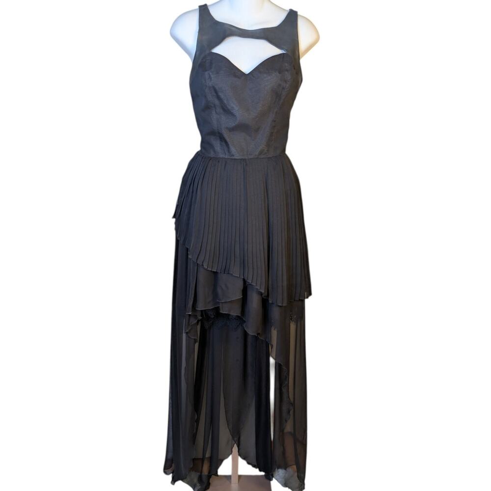 Donna Mizani Black Leather & Chiffon Gothic Maxi Dress Pleated Asymmetrical